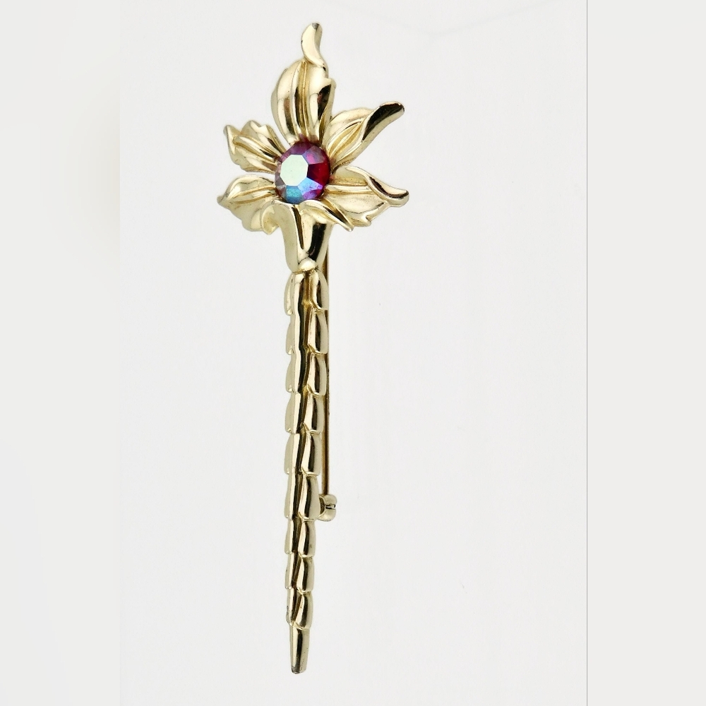 Vintage EMMONS Gold Tone AB Red Rhinestone Flower Brooch